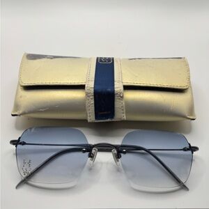 Hanae Mori HW Rimless Sunglasses Blue Gradient Rhinestone Y2K Made in Japan